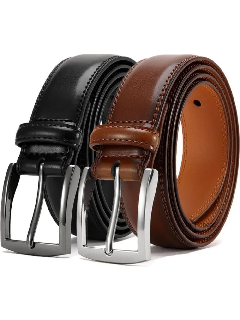 Men's Genuine Leather Dress Belts 2 Pack 1.32 Inch Wide with Prong Buckle